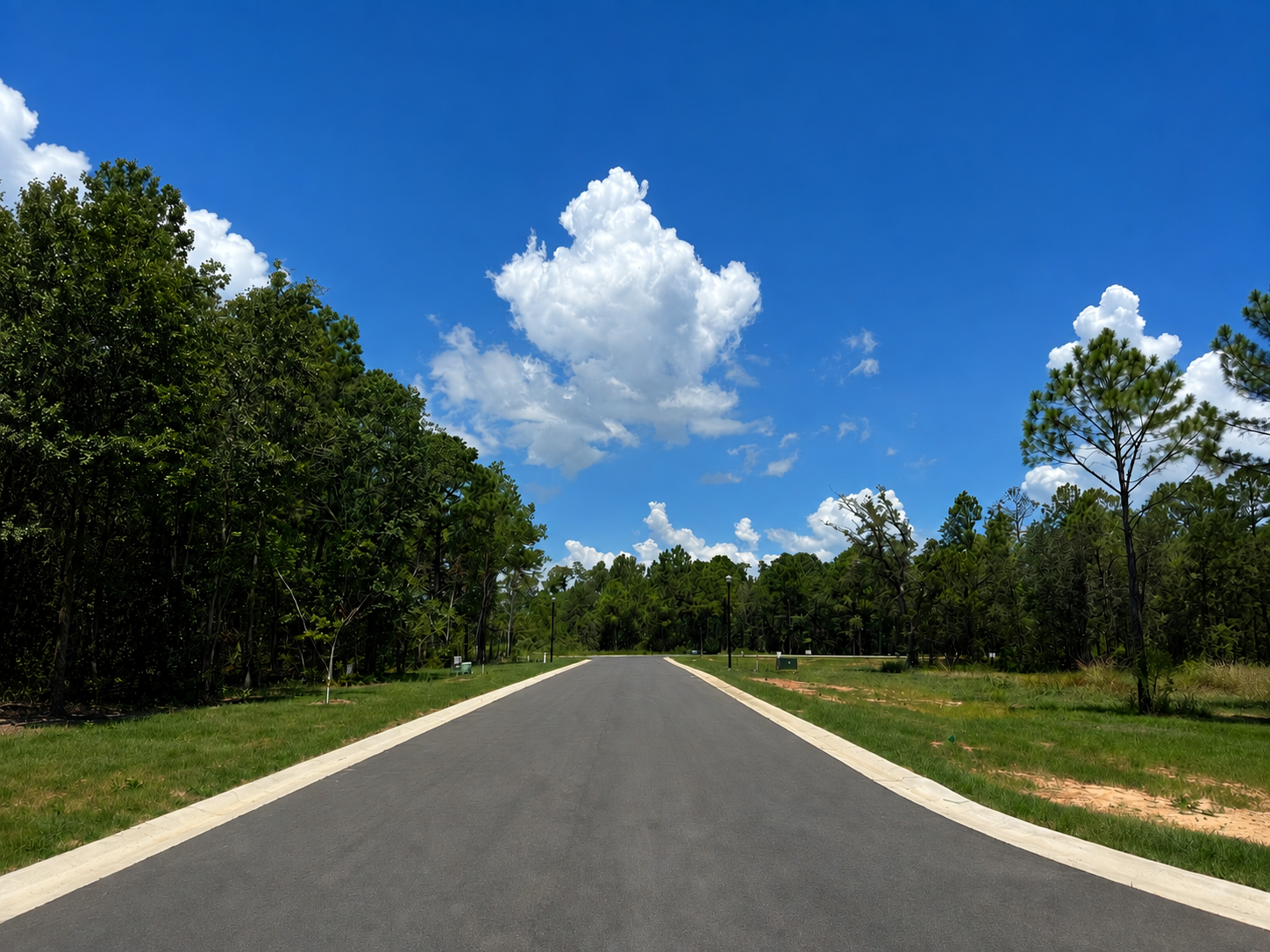 Tidewood boulevard lined with pines and prepared homesites