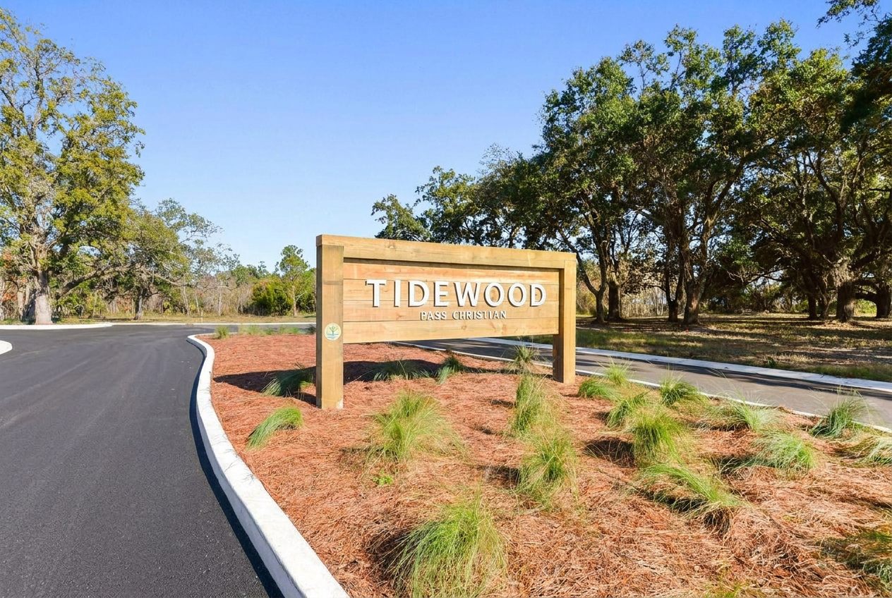 Wood entry sign framed by live oaks
